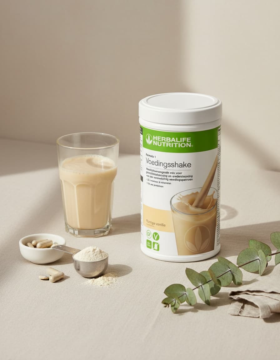 Herbalife Formule 1 Romige Vanille pot met een glas shake, eiwit-poeder en supplementen op een rustige linnen achtergrond.
