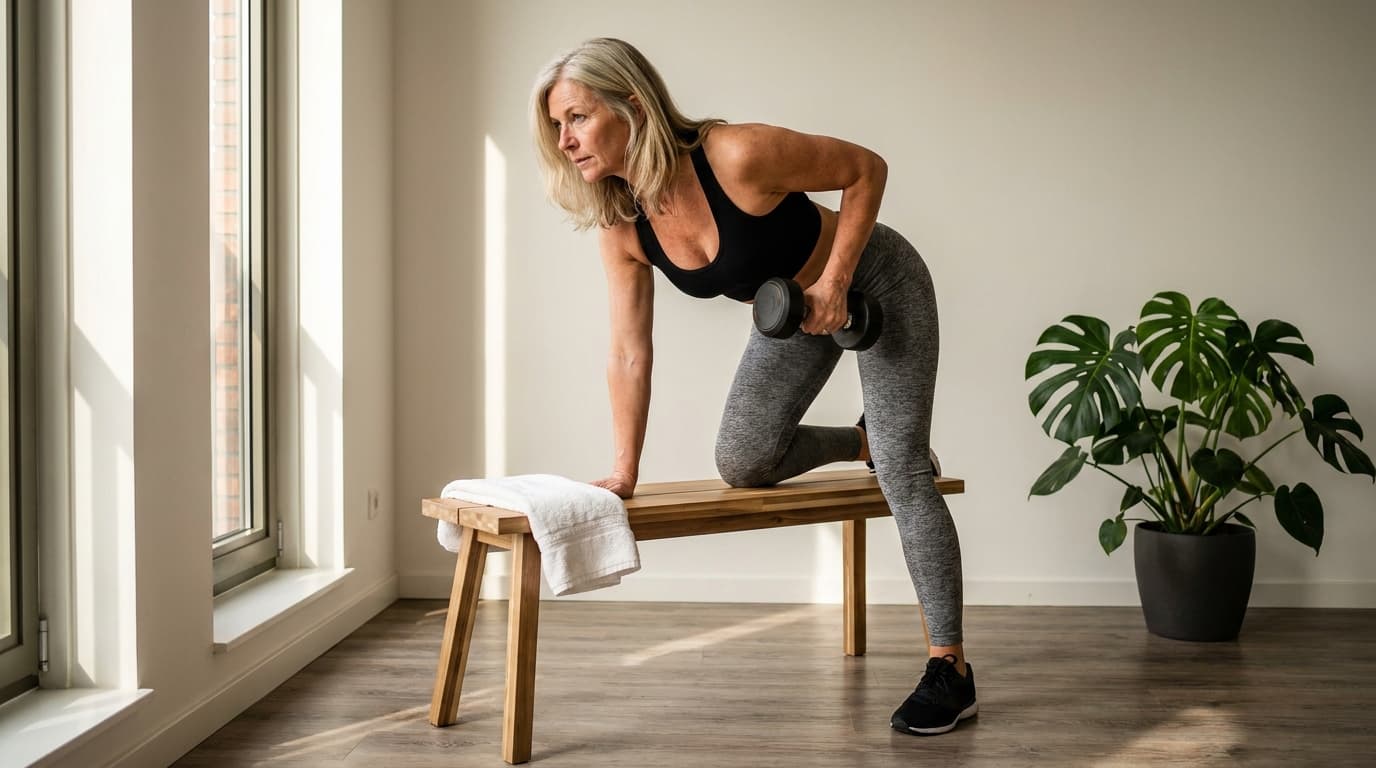 Atletische vrouw 50+ doet thuis krachttraining met een dumbbell