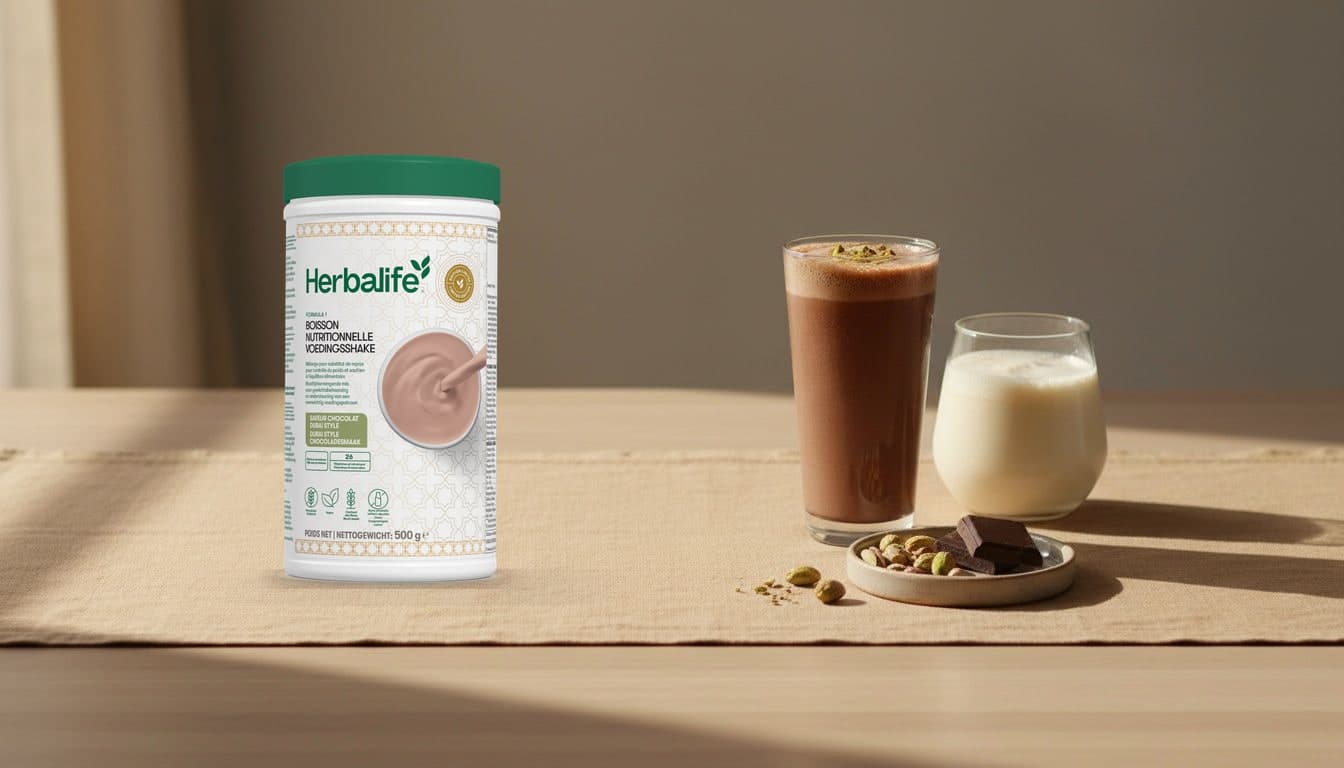 Pot Herbalife Formula 1 Dubai style chocolade op een linnen tafelloper naast een chocoladeshake en een vanilleshake, met als decoratie een schaaltje pistachenoten en stukjes chocolade