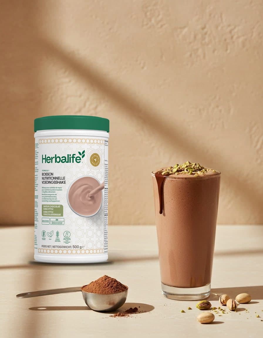 Pot Herbalife Formula 1 Dubai style chocolade met een maatschep poeder en een glas chocoladeshake, ter decoratie bestrooid met gehakte pistache