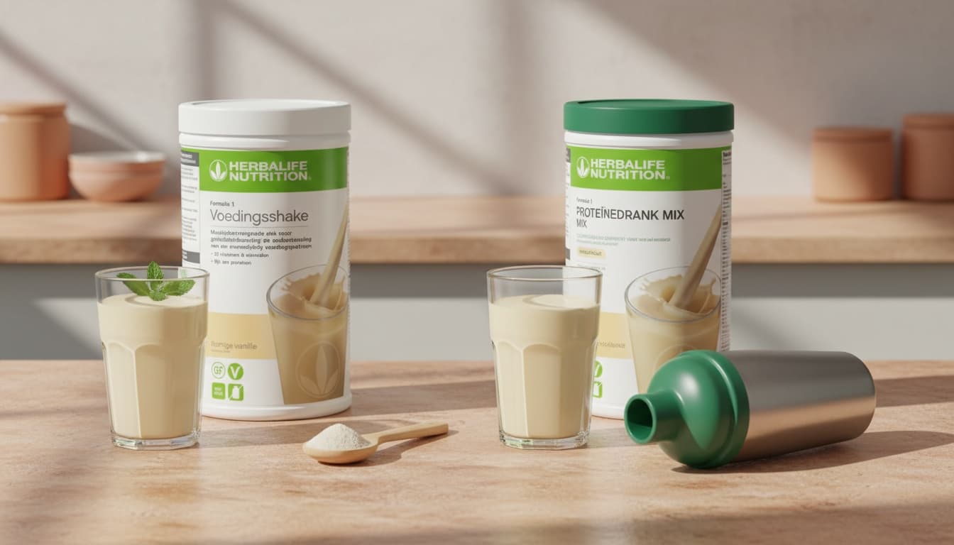 Herbalife Formula 1 Romige Vanille en Proteïnedrank mix naast elkaar op een aanrecht met twee vanilleshakes en een shaker