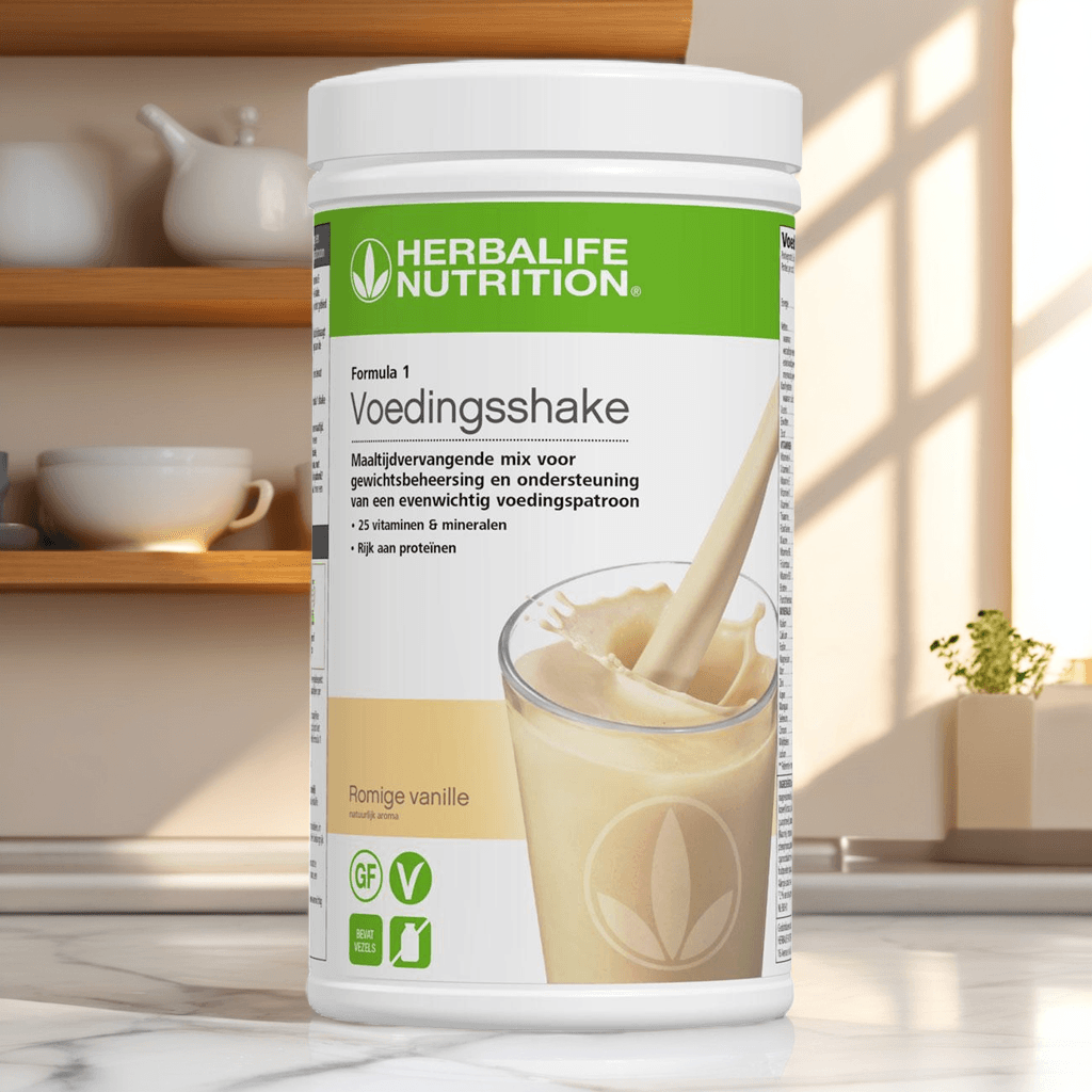 Herbalife Formule 1 Romige Vanille pot op een lichte Scandinavische keuken-aanrecht