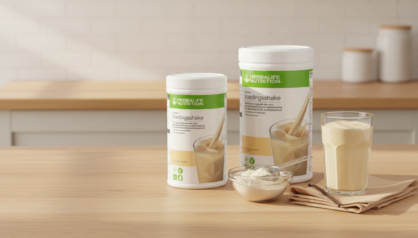 Herbalife Formula 1 Romige Vanille 550 gram en 780 gram naast elkaar op een houten tafel