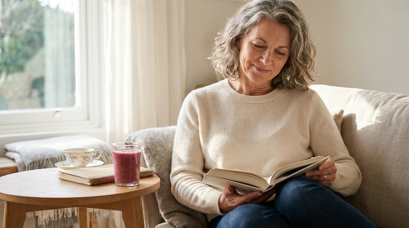 Vrouw 50+ leest een boek met een glas shake op de salontafel