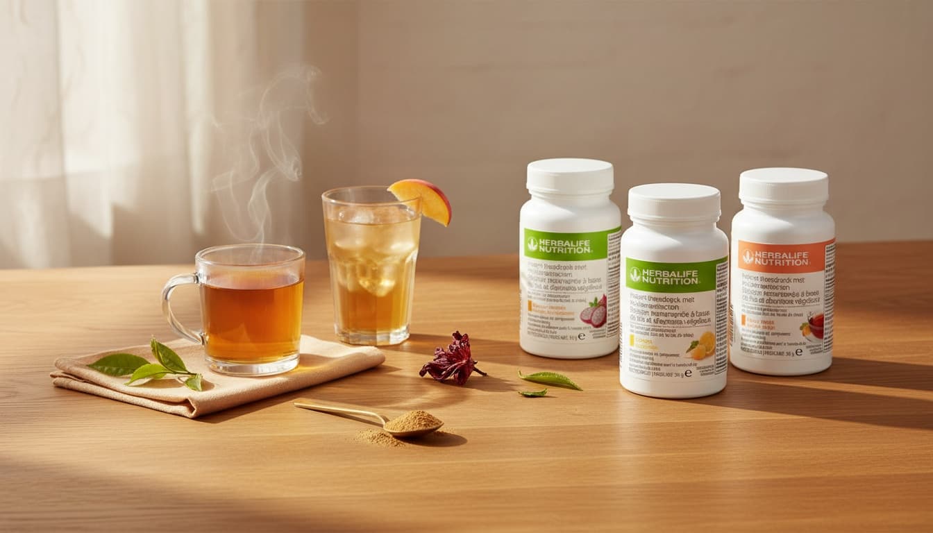 Herbalife Instant theedrank in drie smaken naast een kop warme thee, een glas ijsthee en een halve theelepel theepoeder