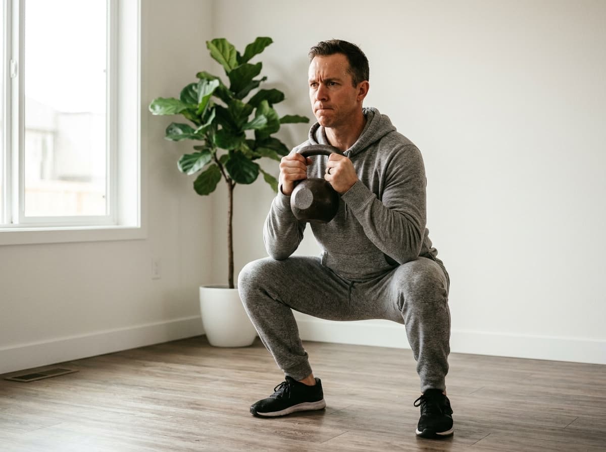 Persoon doet kettlebell-training in een lichte thuiskamer