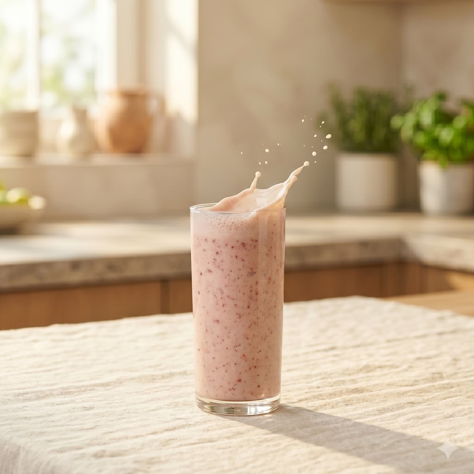 Romige roze aardbei-vanille shake met een natuurlijke melksplash in een warme keuken-setting