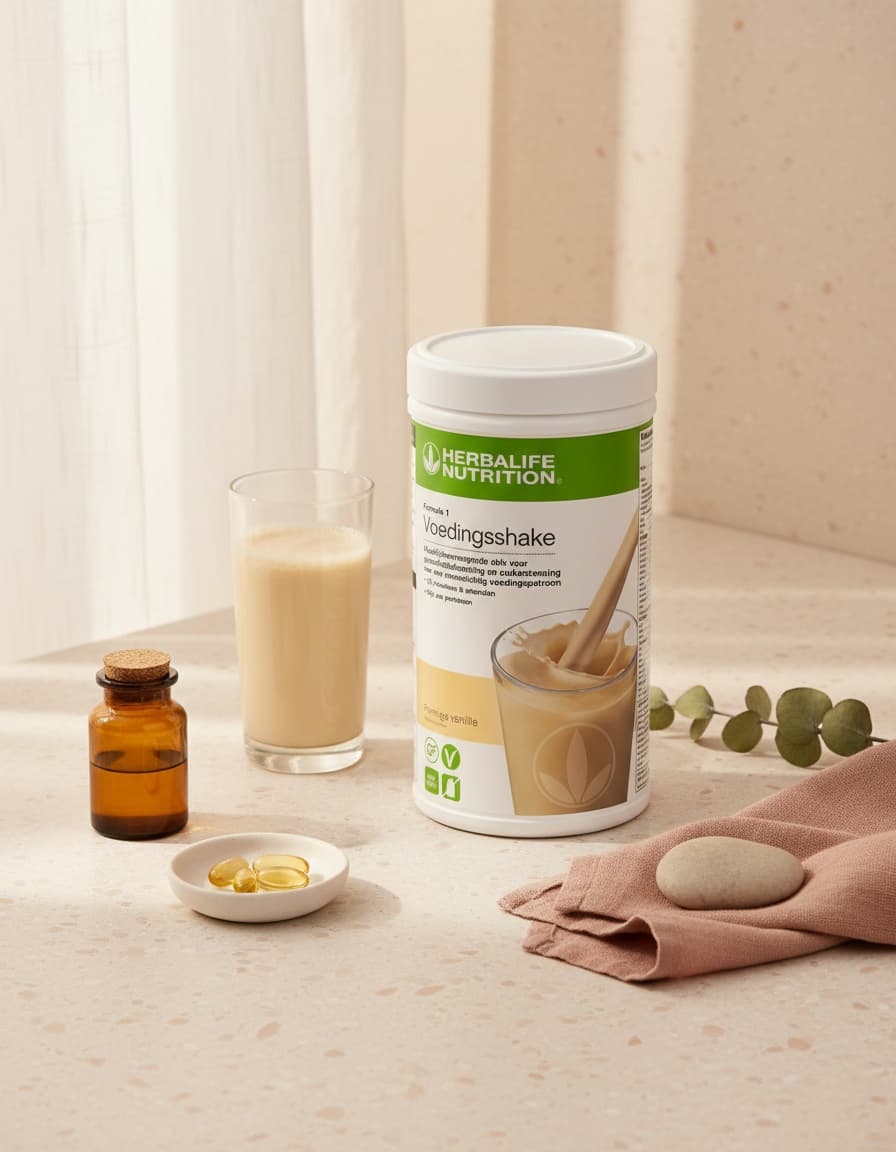 Herbalife Formule 1 Romige Vanille met een glas shake, omega-3 capsules en gedroogde lavendel op een rustige cremekleurige ondergrond.